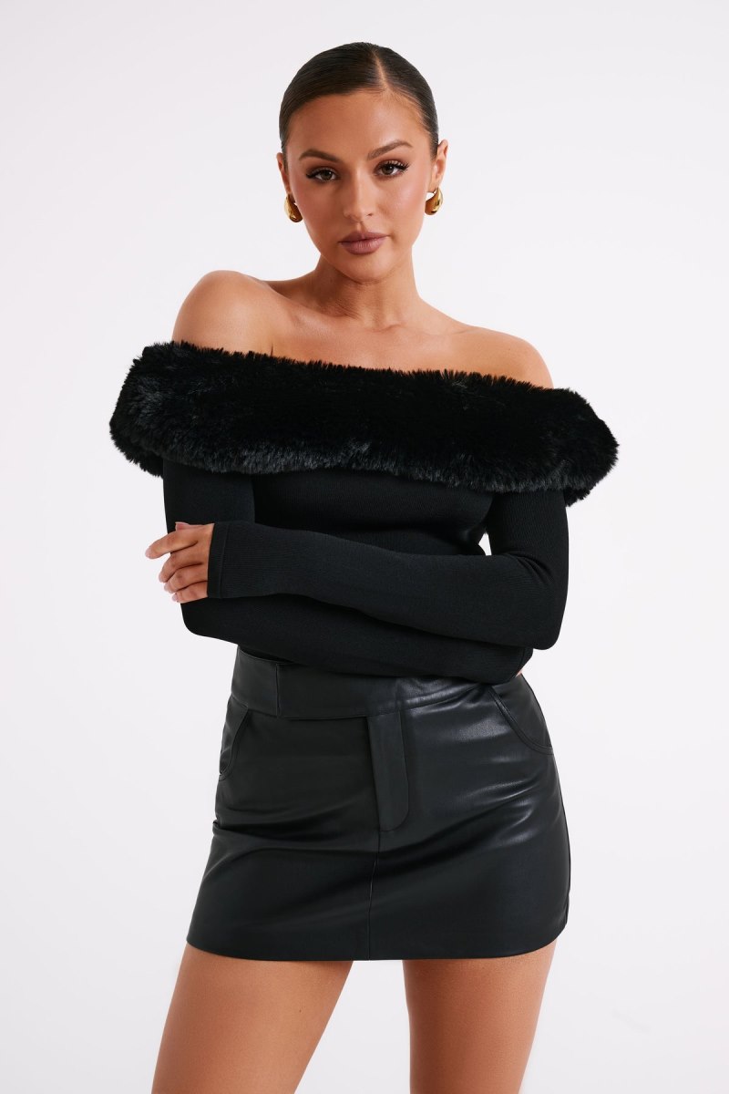 Meshiki Sare Off Shoulder Fur Trim Knit Negras | LMLX8214