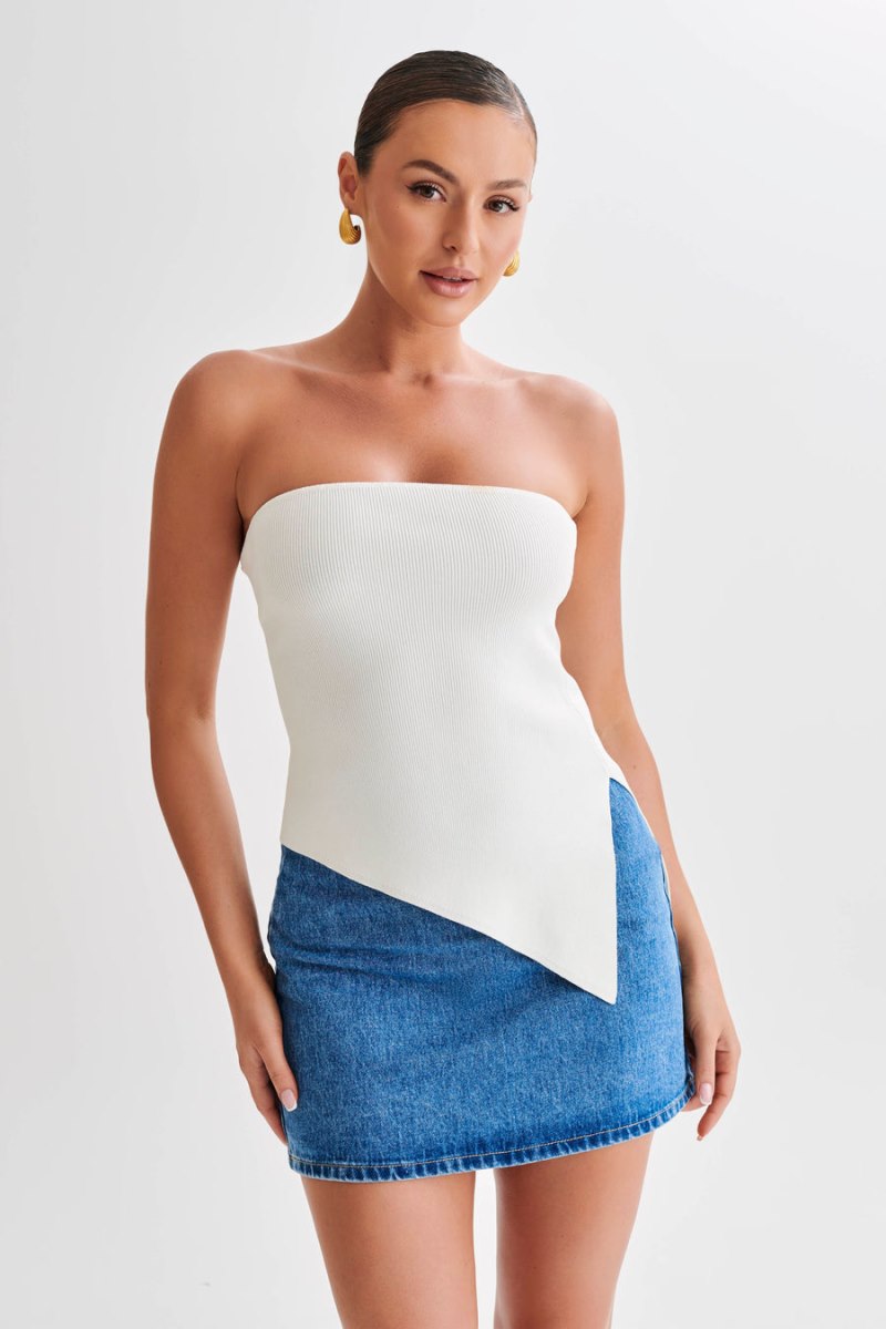 Meshiki Sidney Asymmetrical Strapless Knit Blancas | NOMC0563