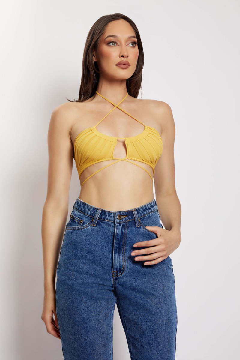 Meshiki Stacey Ruched Knit Halter Amarillo | VAMF4257