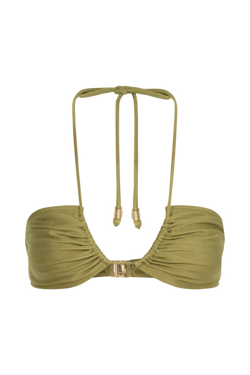 Meshiki Willow Ruched Drawstring Bikini Top Verde Oliva | PXLG6550