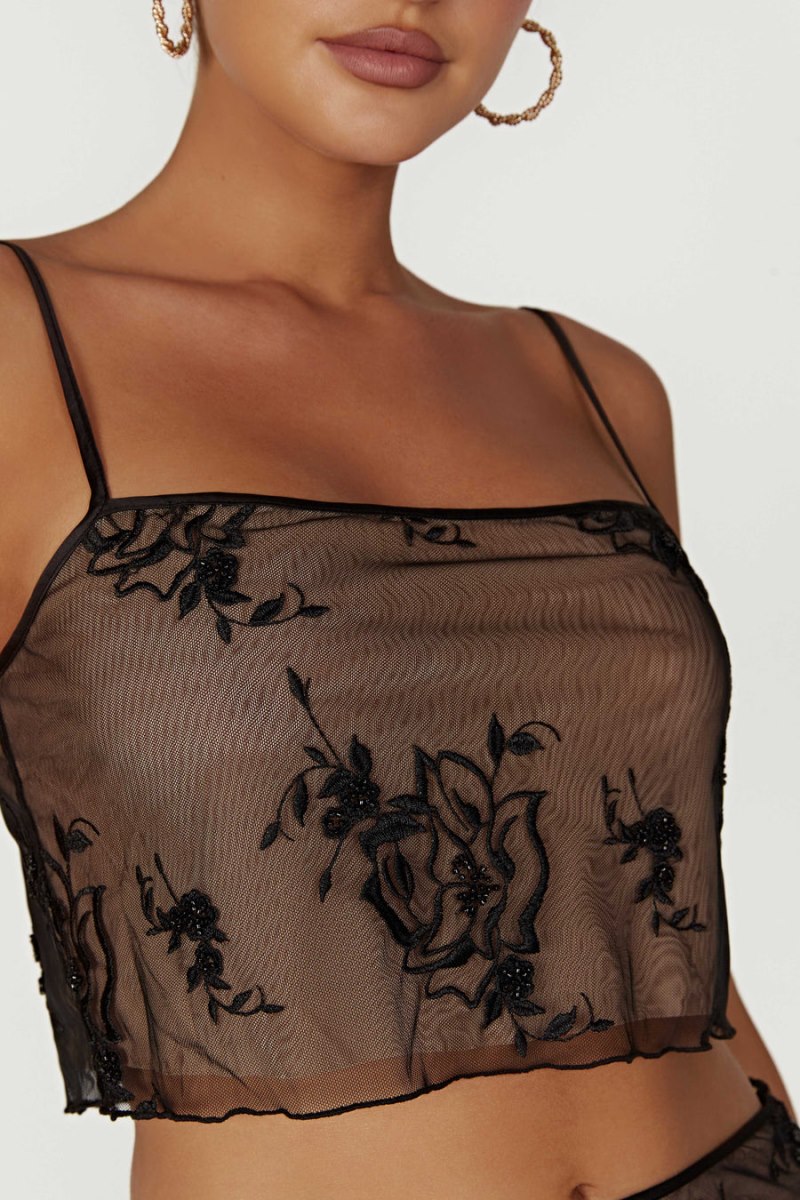 Meshiki Xena Embroidered Mesh Cami Negras | HVWU1415