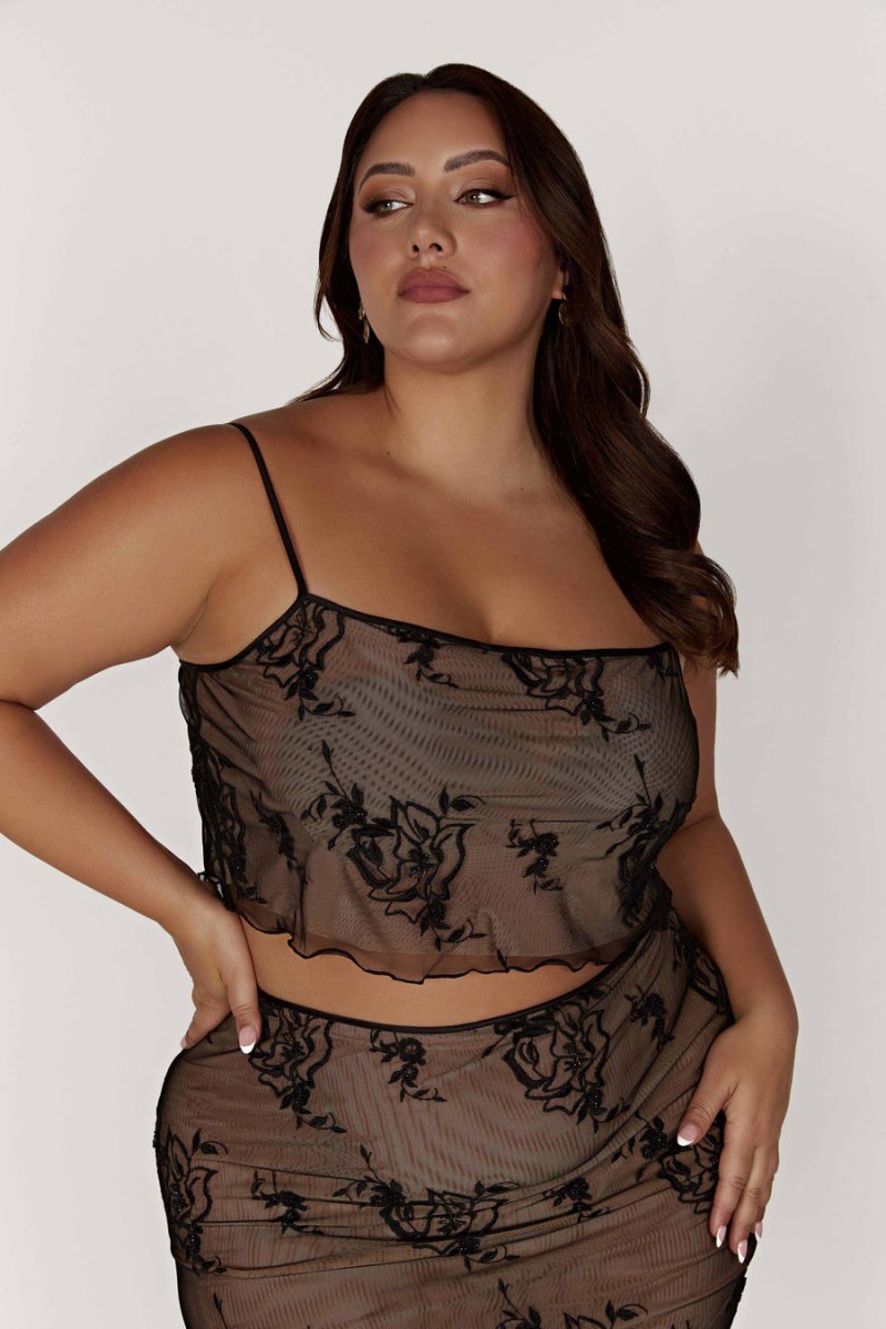 Meshiki Xena Embroidered Mesh Cami Negras | HVWU1415