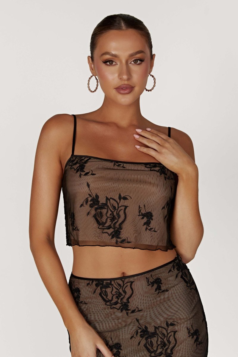 Meshiki Xena Embroidered Mesh Cami Negras | HVWU1415