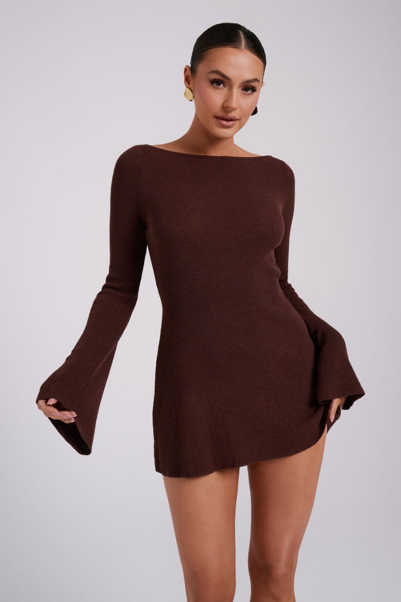 Meshiki Zahra Long Sleeve Open Back Knit Chocolate Oscuro | EQTJ9892