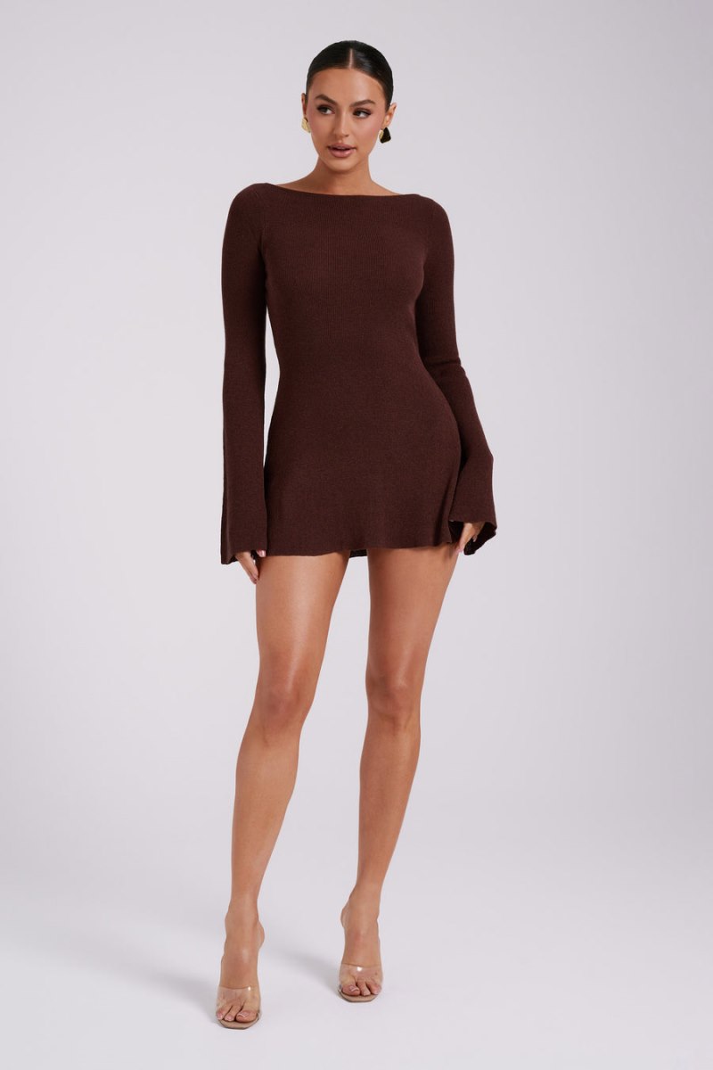 Meshiki Zahra Long Sleeve Open Back Knit Chocolate Oscuro | EQTJ9892