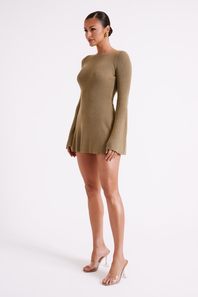 Meshiki Zahra Long Sleeve Open Back Knit Verde Oliva | SGGO6074