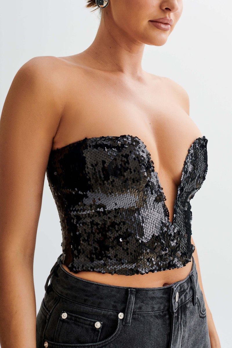 Meshiki Zariah Strapless Sequin V Negras | WMYN0020