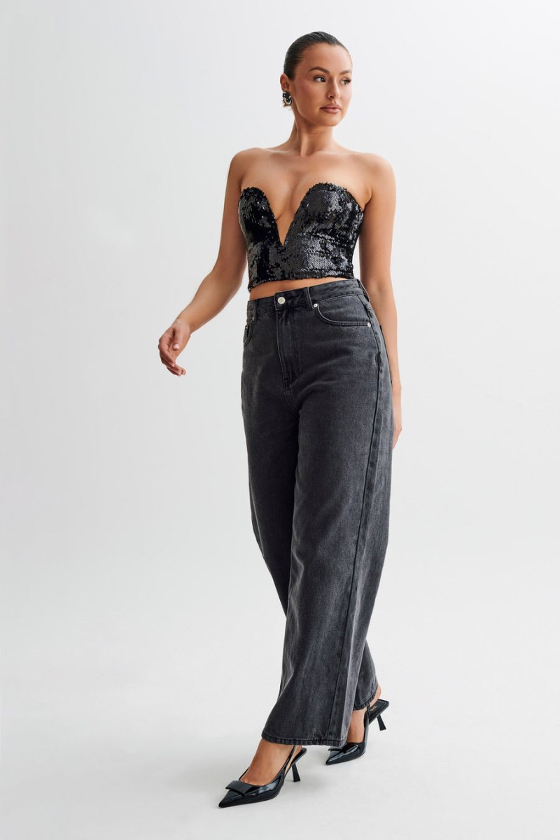 Meshiki Zariah Strapless Sequin V Negras | WMYN0020