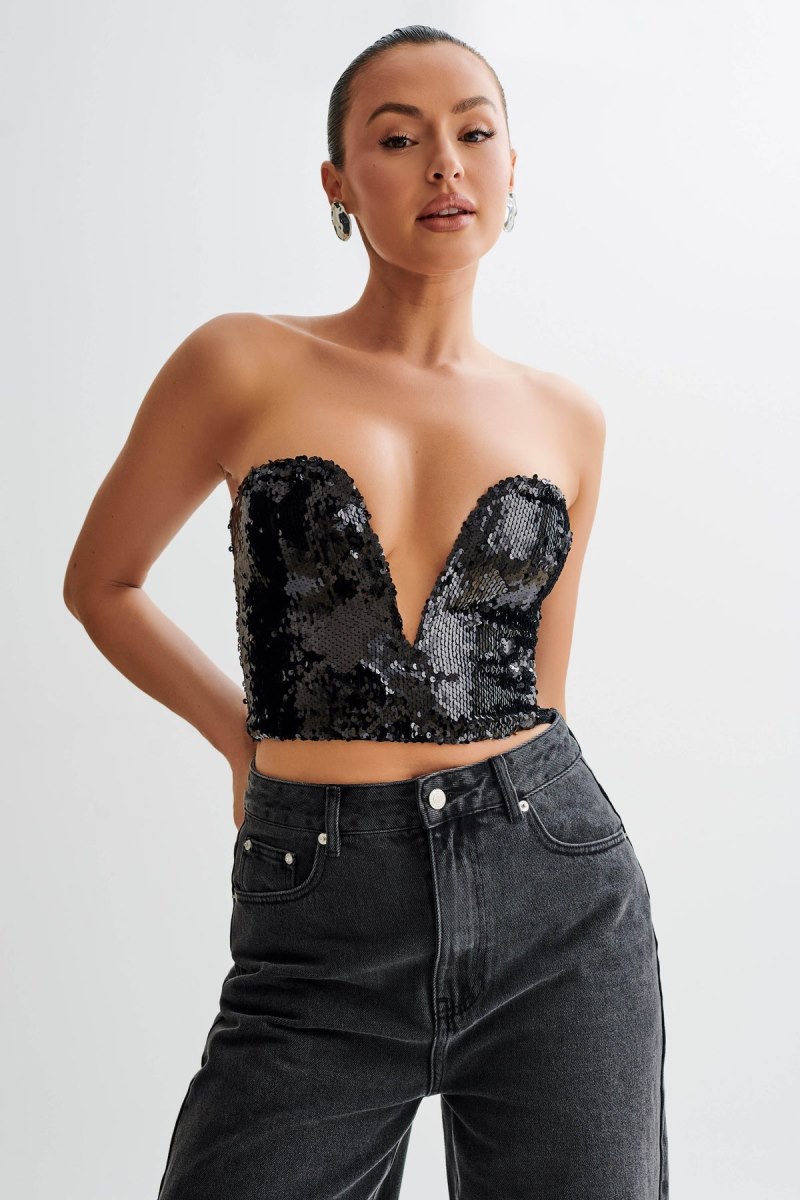 Meshiki Zariah Strapless Sequin V Negras | WMYN0020